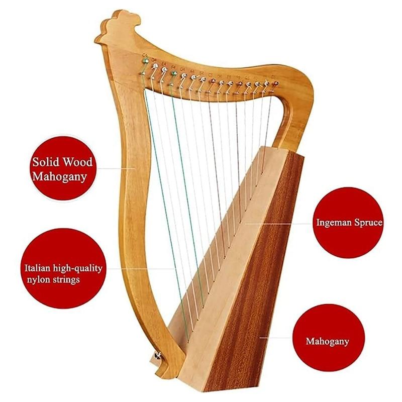 15 Strings Lyre Harp,Lyakin,Wooden Lyre Harp,With Carved Note Tuning Wrench, For Music Lovers Beginners Kids Adults,Etc - AKLOT
