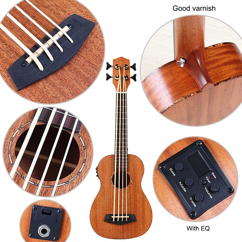 30 Inch Full Sapele Wood Body UK Bass Guitar Brown Matte Finish Mini 4 Strings Wood Guitar Pickup with Tuner Function - AKLOT