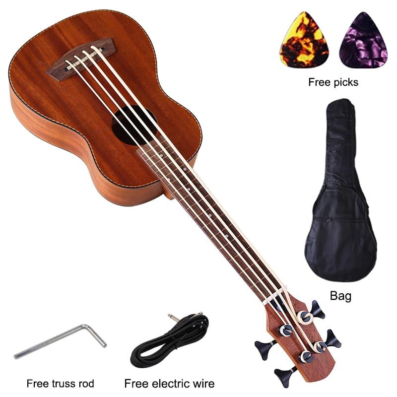 30 Inch Full Sapele Wood Body UK Bass Guitar Brown Matte Finish Mini 4 Strings Wood Guitar Pickup with Tuner Function - AKLOT