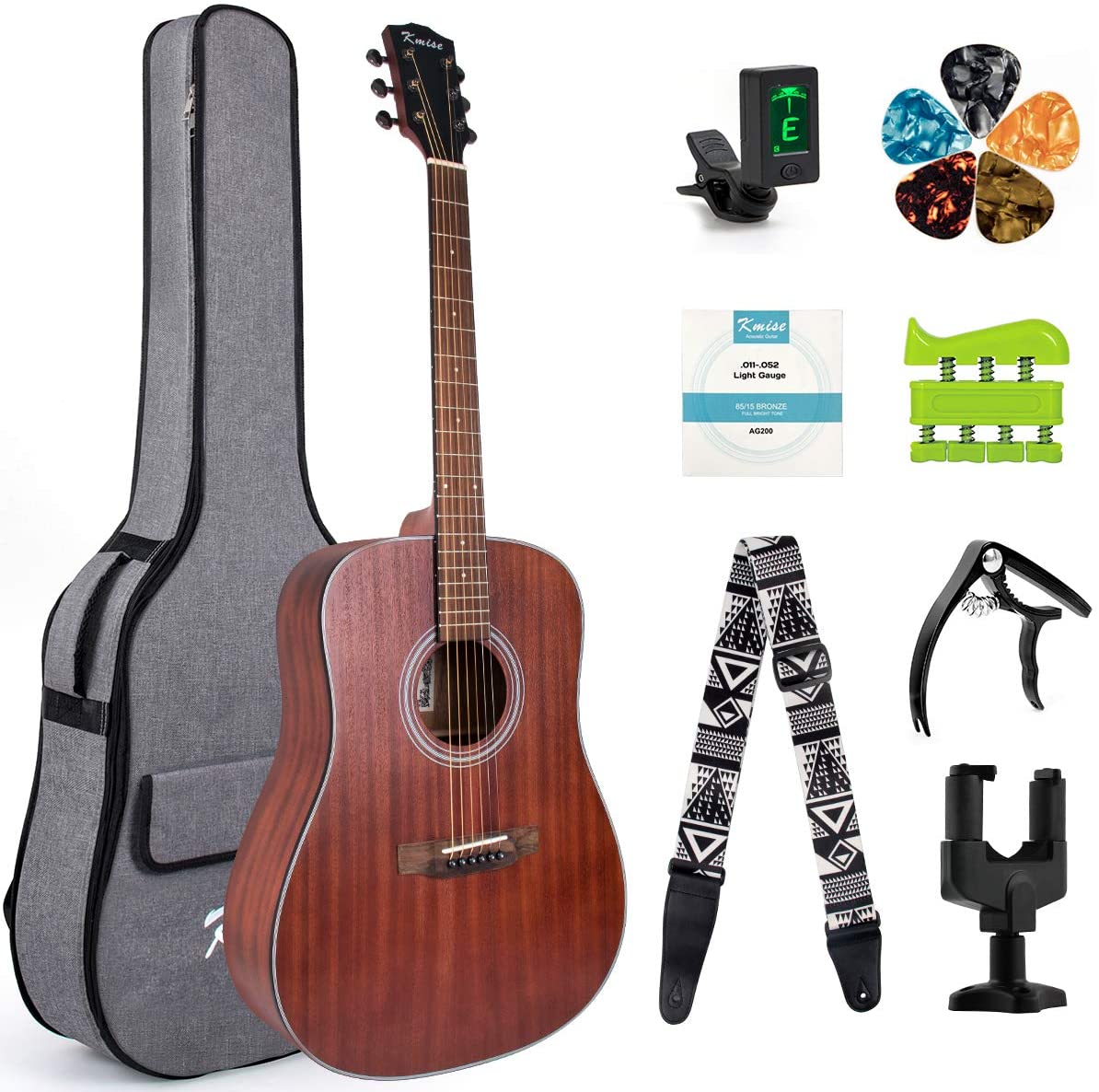 38" Beginner Acoustic Guitar 6 Metal Strings Mahogany Top Guitar Starter Kit with carring bag tuner strap capo hook hanger hand exerciser picks and replacement strings (38 inch) - AKLOT