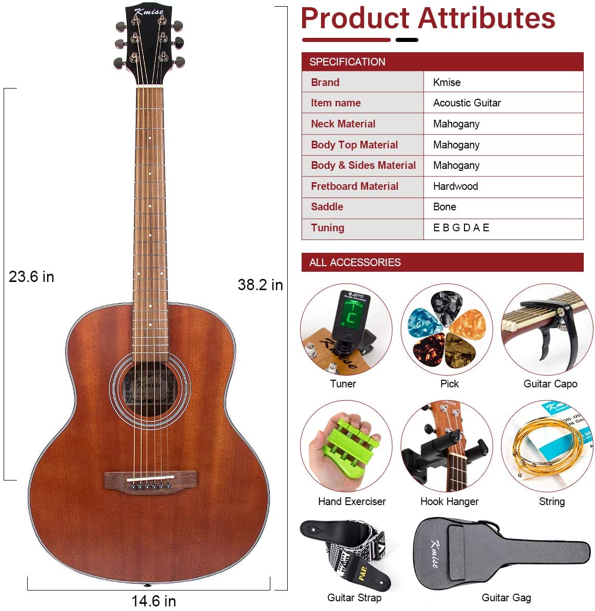 38" Beginner Acoustic Guitar 6 Metal Strings Mahogany Top Guitar Starter Kit with carring bag tuner strap capo hook hanger hand exerciser picks and replacement strings (38 inch) - AKLOT