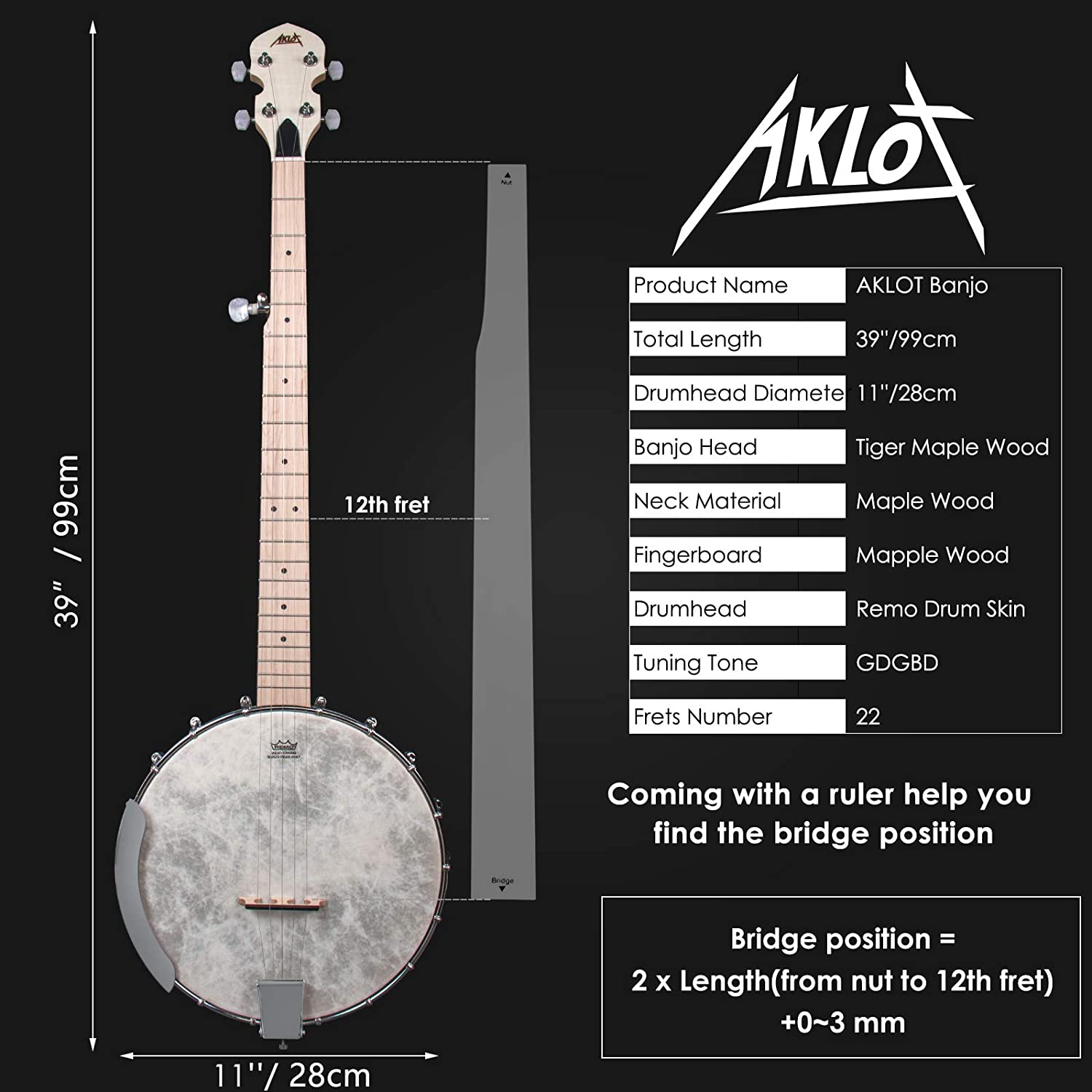 5 String Banjo, Adjustable Full Size Maple Banjo Open Back Remo Head with 2 Tuning Wrench 4 Picks Strings Tuner Strap Ruler Cleaning Cloth Gig Bag for New Beginners Professionals - AKLOT
