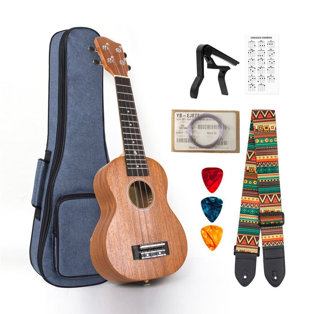 5 String Ukulele Mahogany Ukelele Tenor Uke Kit with Extra Strings Strap Gig Bag Picks - AKLOT