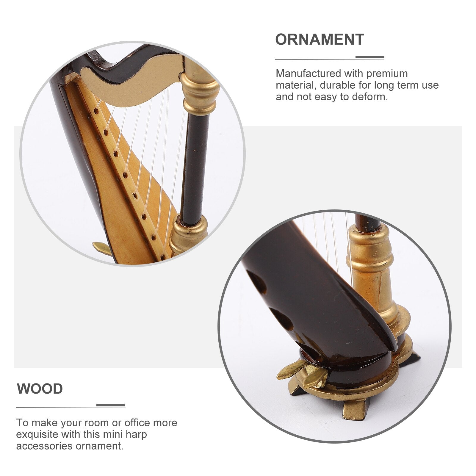 Wooden Miniature Harp with Case Mini Musical Instrument Miniature Ornament