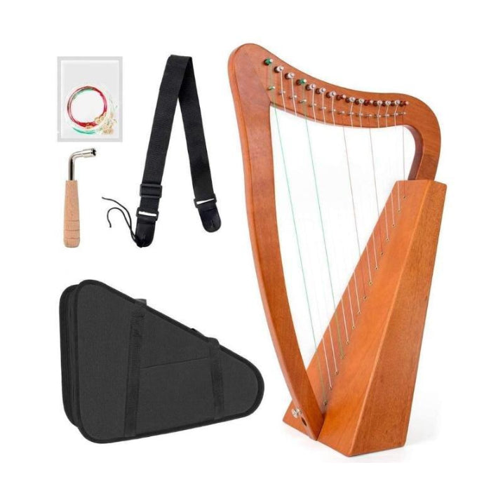 Aklot Lyre Harp Mahogany 15 String Nylon with Carry Bag Tuning Wrench String Strap