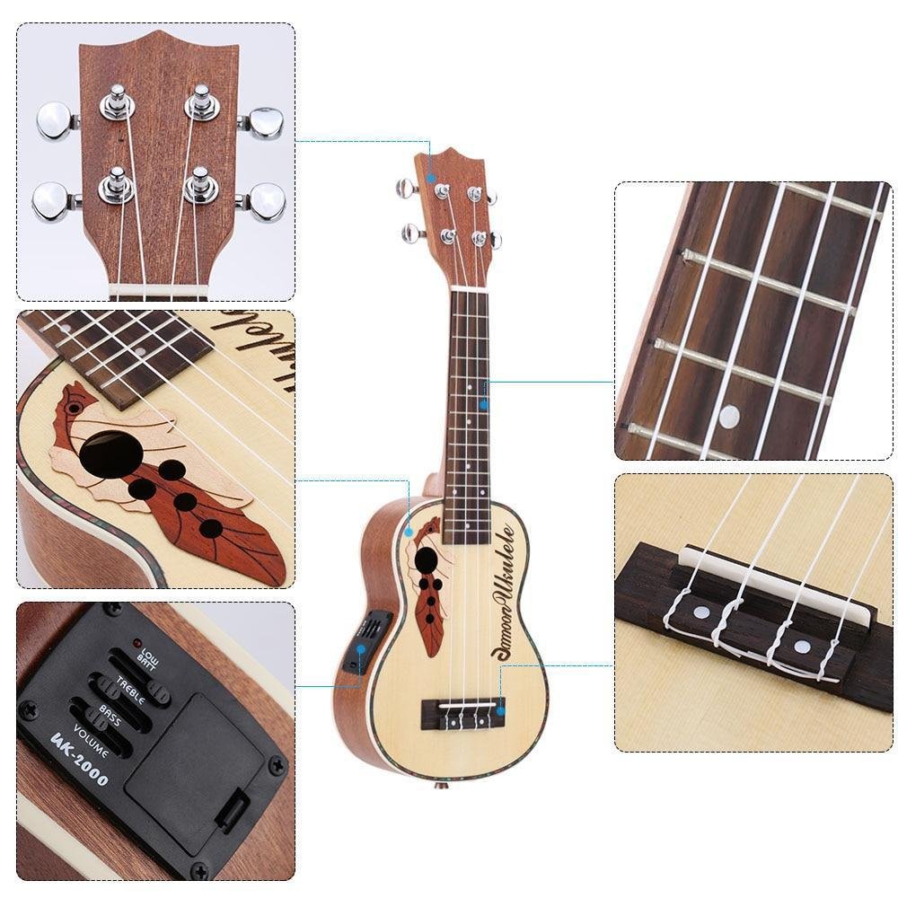 Acoustic Ukulele Spruce 21" Ukulele15 Fret 4 Strings Guitar Mini with Built-in EQ Pickup Stringed Musical Instrument - AKLOT