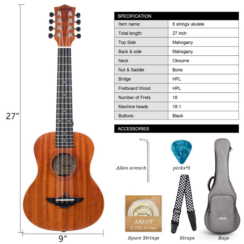 Aklot 8 String Ukulele Tenor Mahogany 26 Inch 18 Frets Hawaiian Guitar w/ Bag Strap Strings Picks for Gifts Music Lover - AKLOT