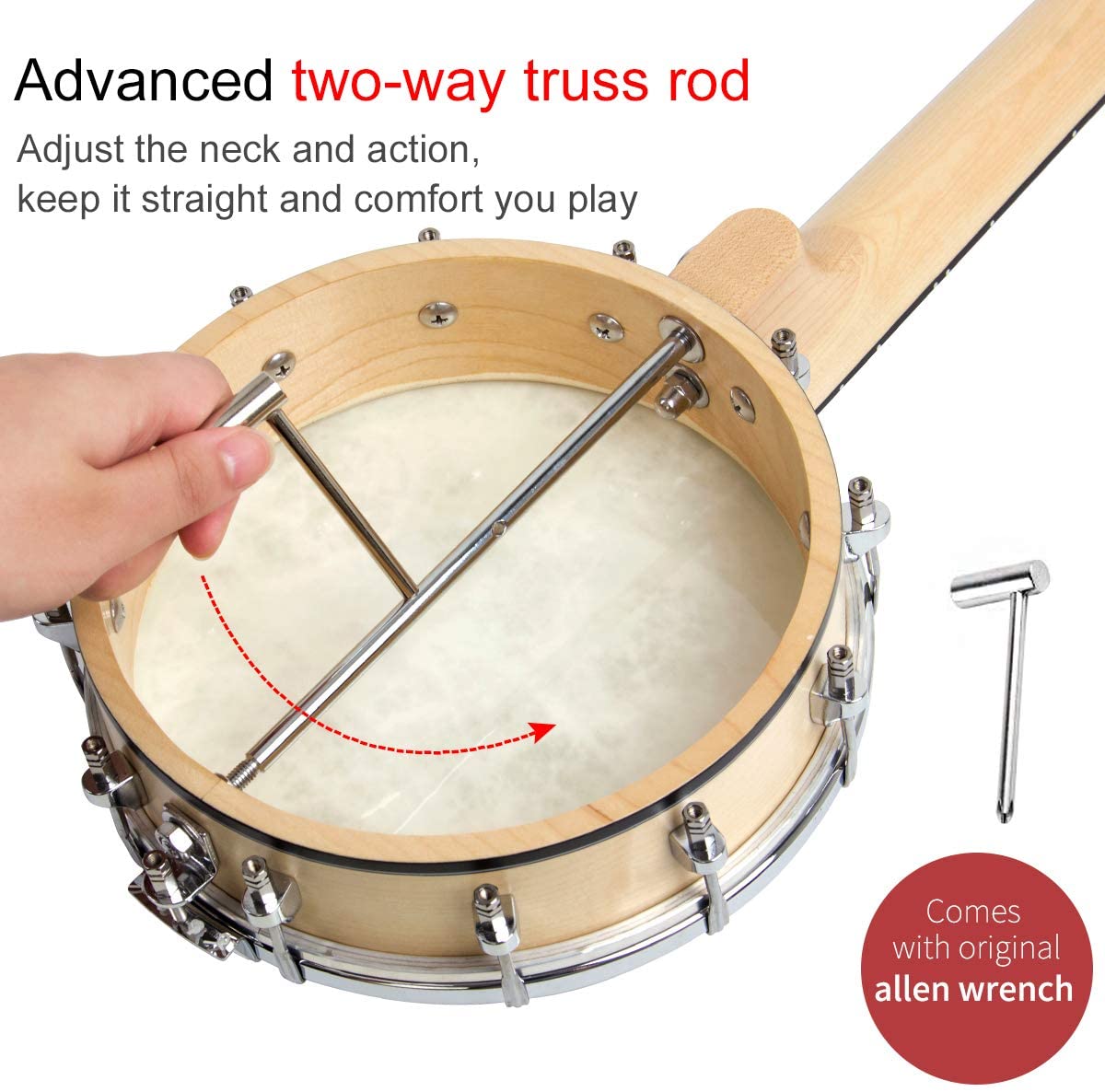 AKLOT Banjo Ukulele Concert 23 inch Remo Drumhead Open Back Maple Body 15:1 Advanced Tuner with Two Way Truss Rod Gig Bag Tuner String Strap Picks - AKLOT