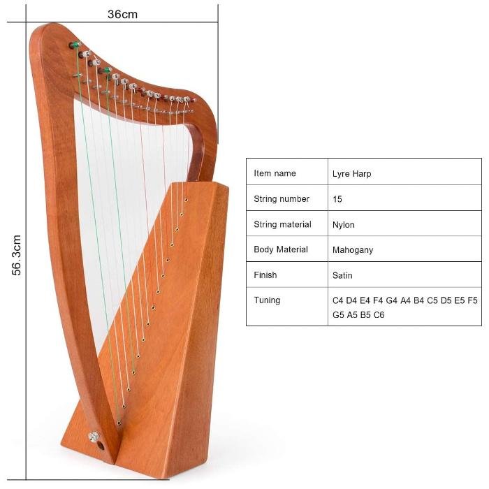 Aklot Lyre Harp Mahogany 15 String Nylon with Carry Bag Tuning Wrench String Strap - AKLOT