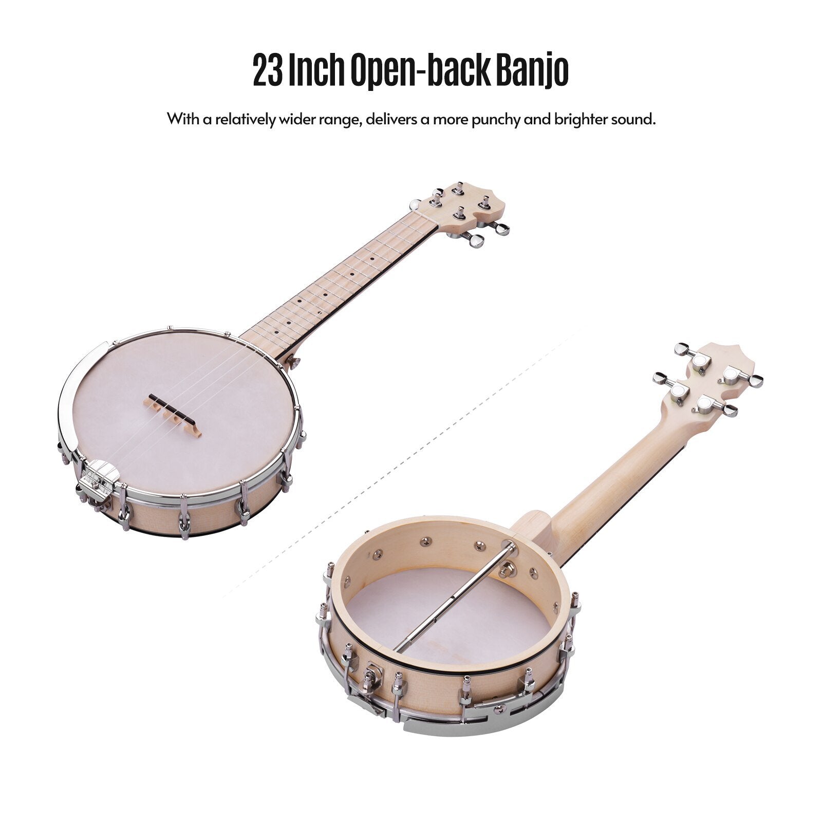 ammoon Concert 23 Inch Open-back Banjo Uke 4 String Banjolele Maple Body Okoume Neck with Tuning Wrench Bridge Positioning Ruler - AKLOT
