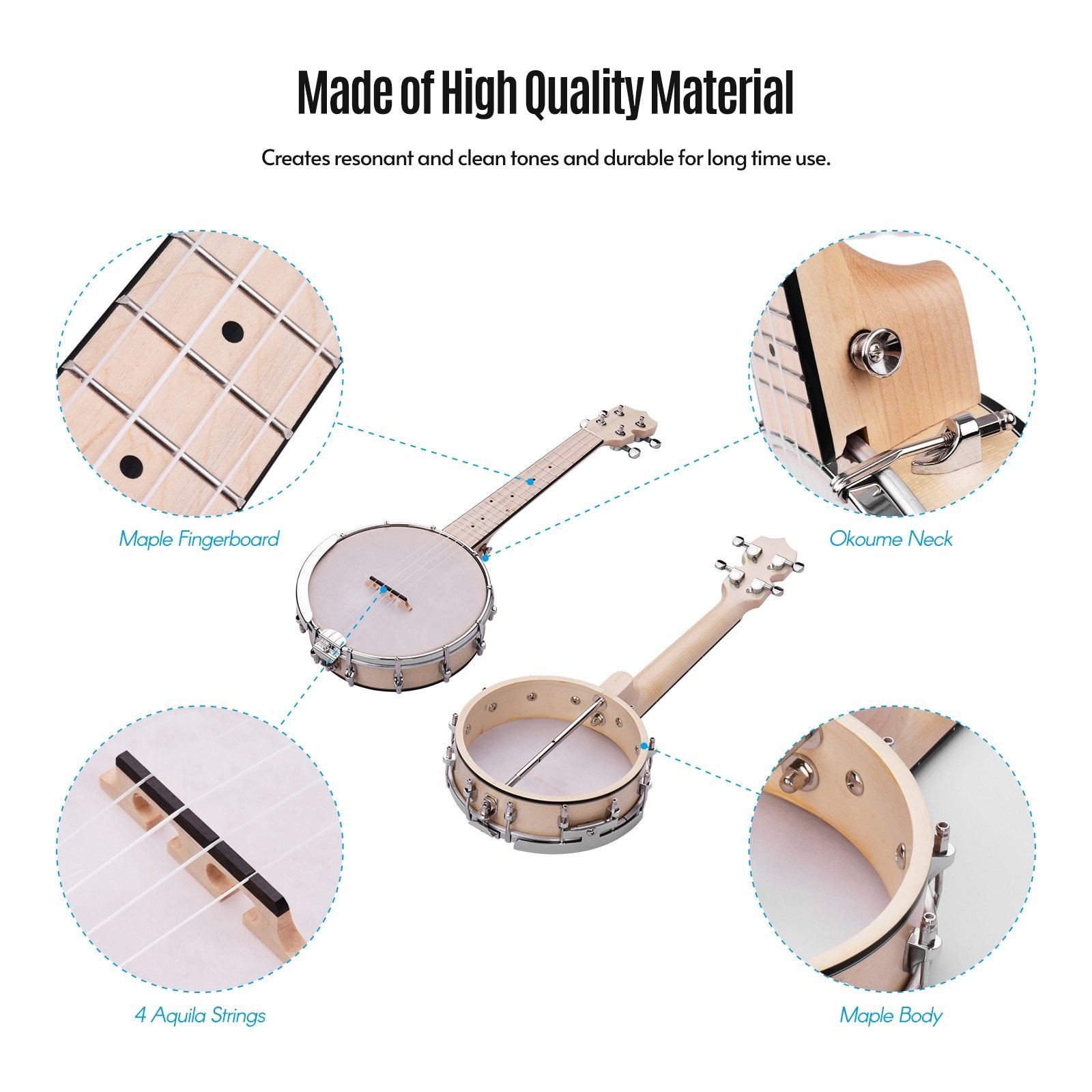 Concert 23 Inch Resonator Banjo Uke 4 String Banjolele Sapele Body Okoume Neck Technical Wood Fingerboard Material - AKLOT