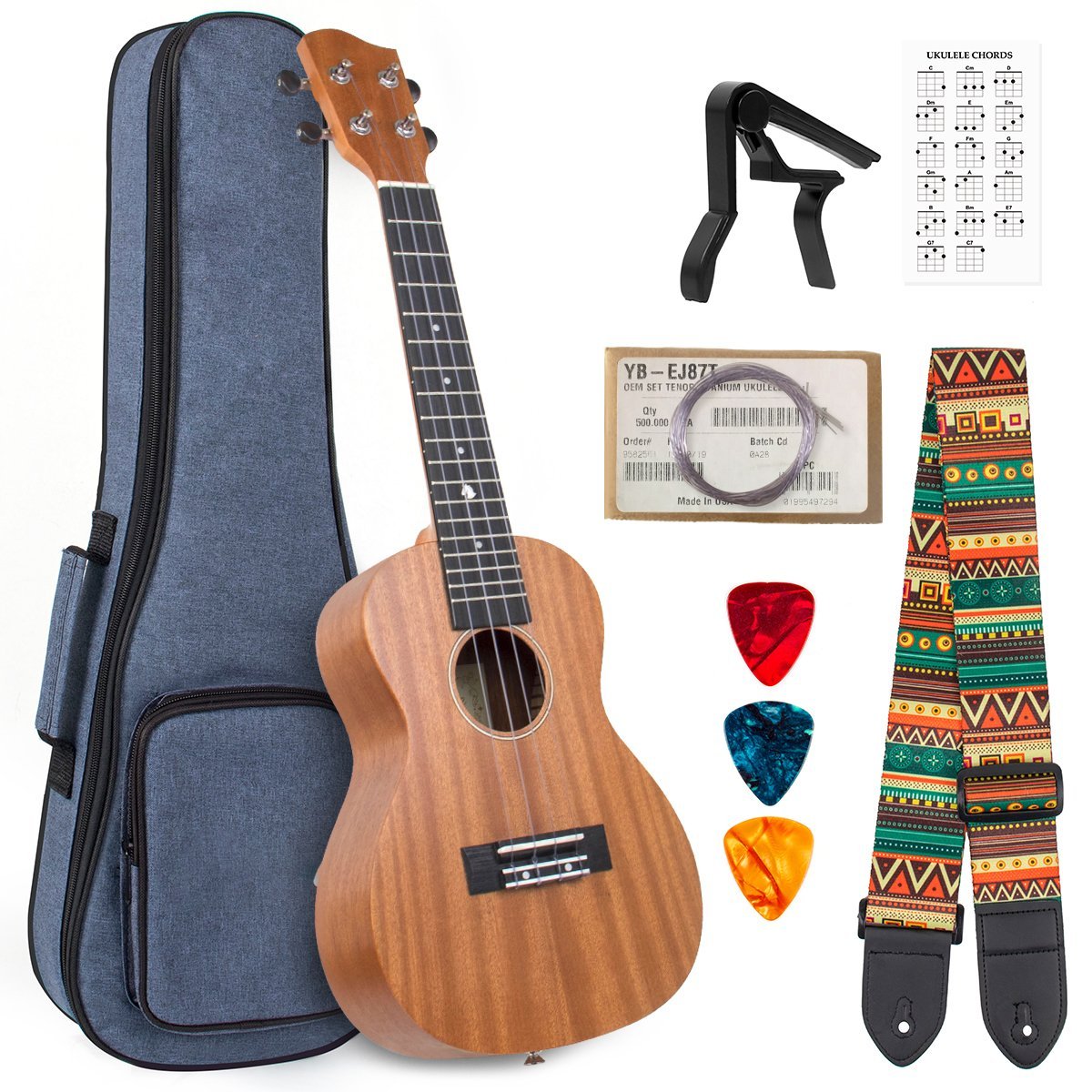 Concert Ukulele Tenor Mahogany 23/26 Inch Ukelele Starter Kit w/ Bag Strap String Capo Picks for Christmas Gifts - AKLOT