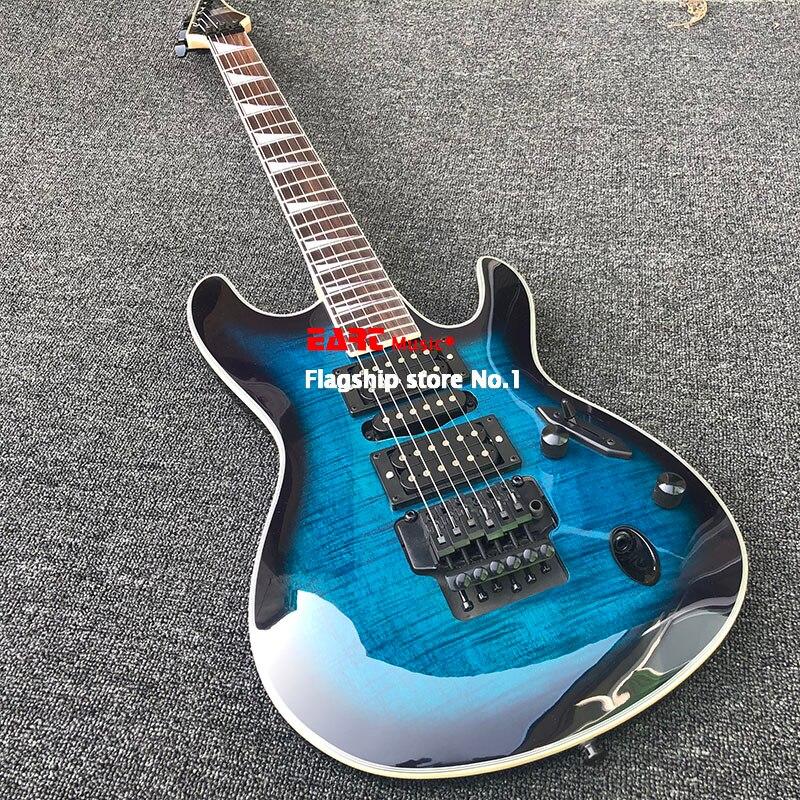 High quality electric guitar, tiger maple veneer, blue paint, double vibrato system, silver accessories, postage - AKLOT