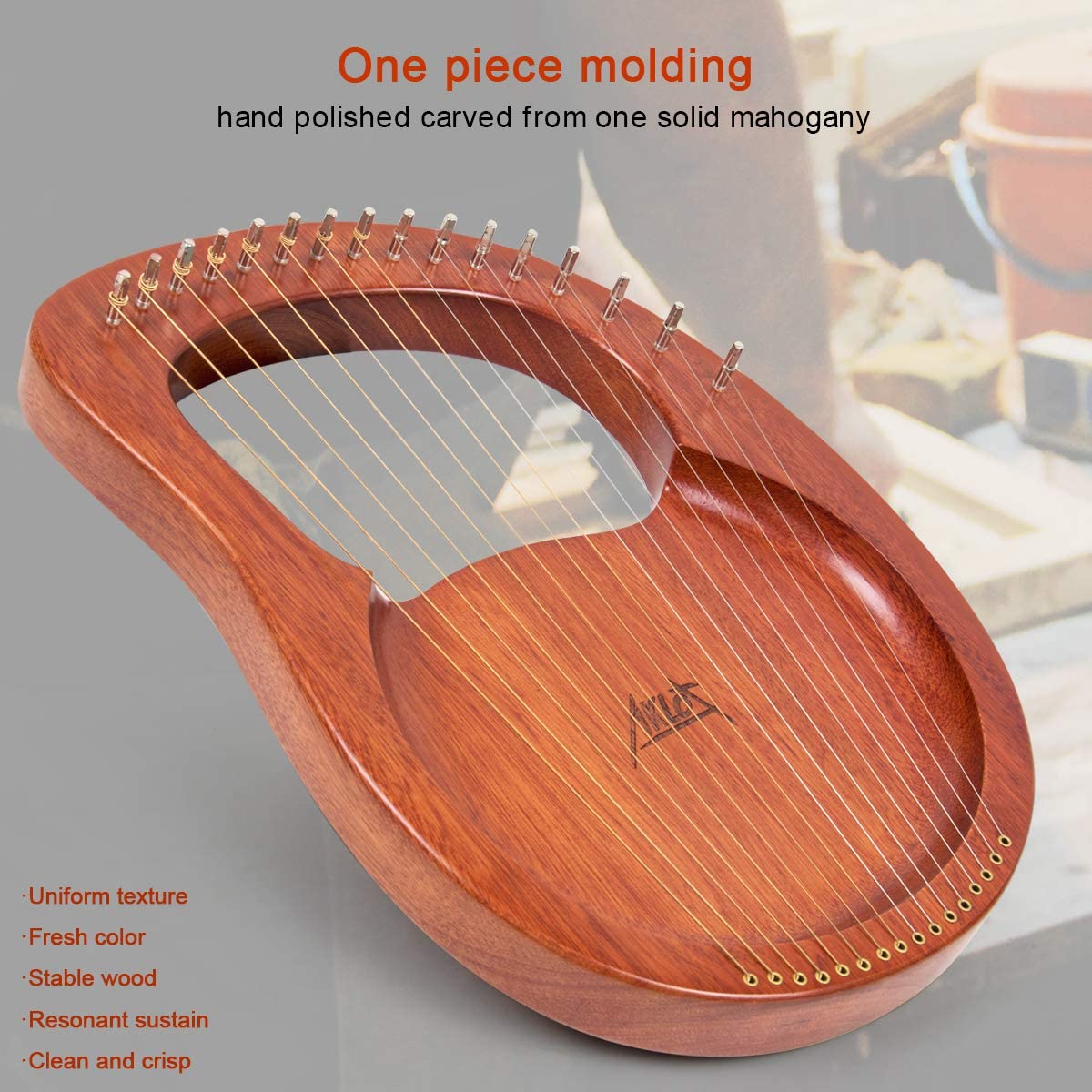Lyre Harp, AKLOT 16 Metal Strings Mahogany Lye Harp with Tuning Wrench and Black Gig Bag - AKLOT
