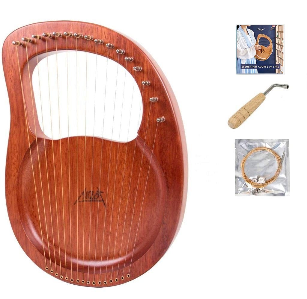 Lyre Harp, AKLOT 16 Metal Strings Mahogany Lye Harp with Tuning Wrench and Black Gig Bag - AKLOT