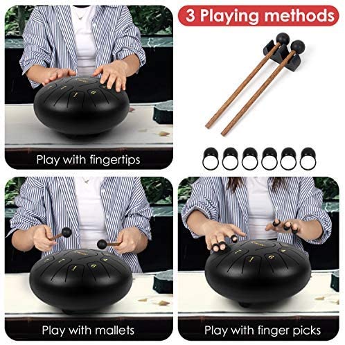 Steel Tongue Drum-10 Inch 11 Notes-Kmise Handpan Drum Kit Tank Drum Percussion Instrument with Drum Mallets Carry Bag Music Book for Beginner Adult Kids (10 Inch) - AKLOT