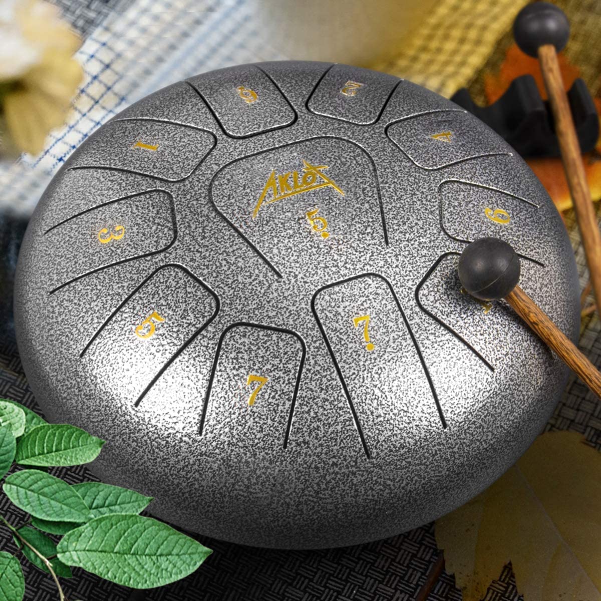 Steel Tongue Drum, AKLOT 10 inch 11 Notes Tank Drum C Key Percussion Steel Drum Kit w/Drum Mallets Note Stickers Finger Picks Mallet Bracket and Gig Bag - AKLOT